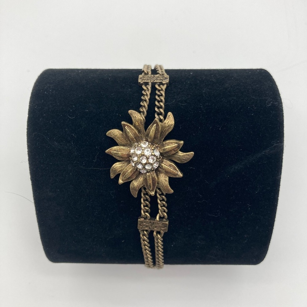 Vintage Fossil Sunflower Multi Chain Bracelet Antique Gold Tone Rhinestone Y2K